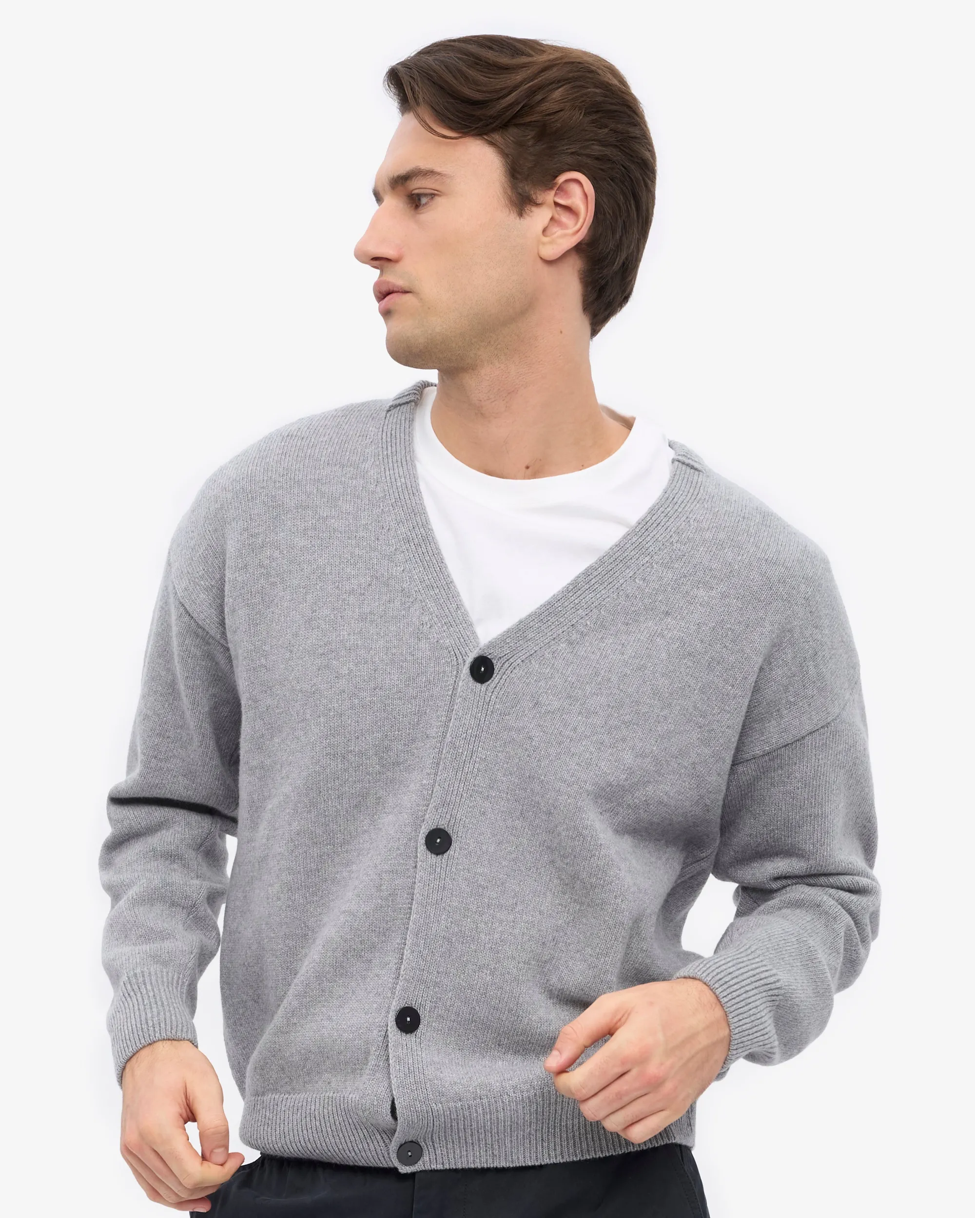 Merino Wool V-Neck Cardigan - Heather Grey
