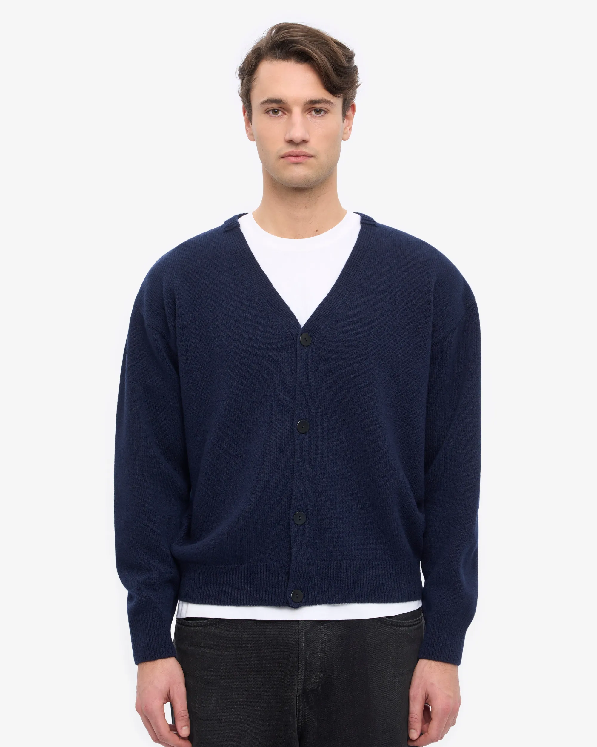 Merino Wool V-Neck Cardigan - Navy Blue